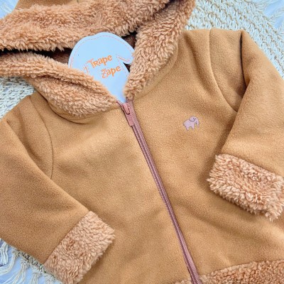 Conj. Jaqueta de Soft com Capuz e Calça de Linho Raposinha - Caramelo